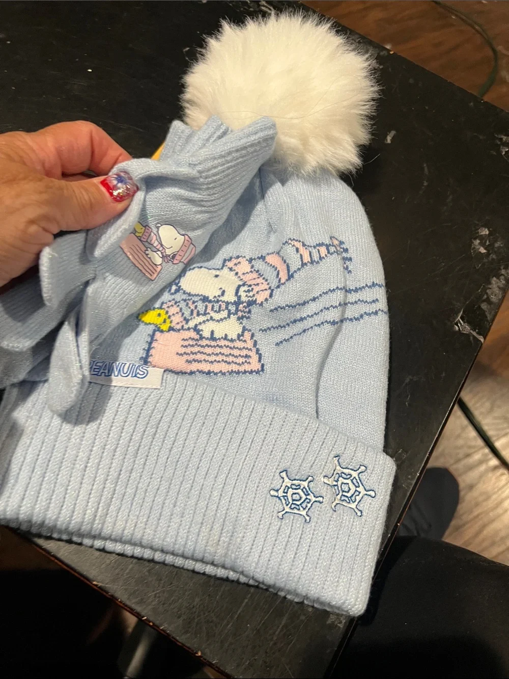Peanuts kids Light Blue Pom-Pom Beanie and Gloves Set